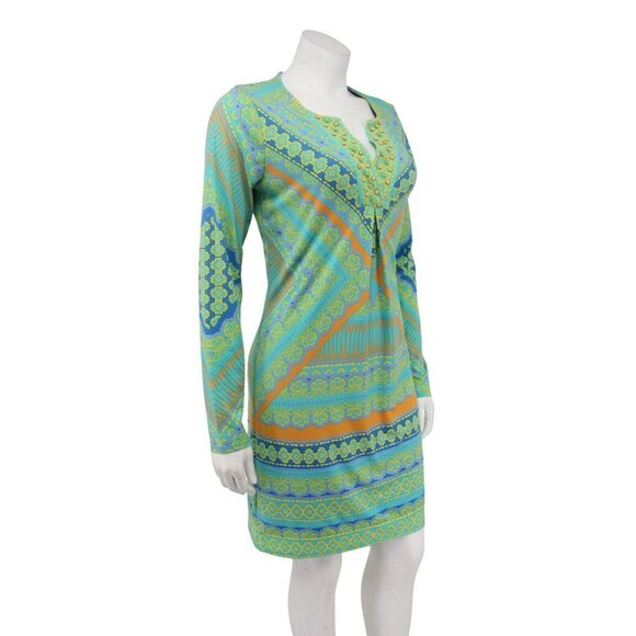 Hale Bob Green Orange Rope Geometric Print Beaded Jersey Mini Shift Dress Size S - Picture 2 of 6